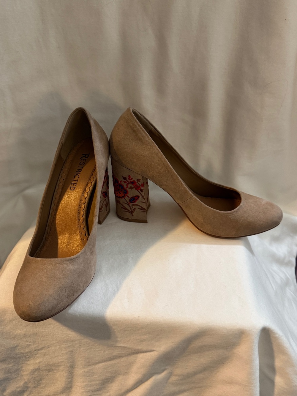 Restricted Embroidered Block Heels